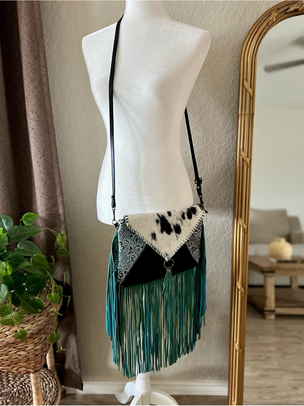 Myra Bag Effervescence Leather And Hair-On Tooled Turquoise Fringe Bag